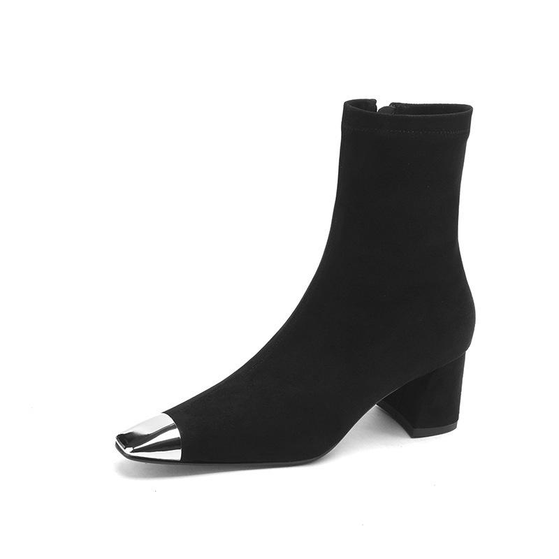 

Маленькие короткие женские ботинки на толстом каблуке, милые, прохладные, для пригородных поездок, замшевые, тонкие, с металлическим квадратным носком, эластичные ботинки 35 чёрный