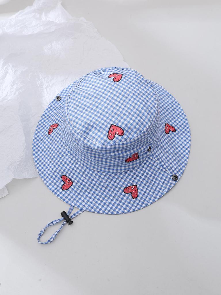 Summer Parent-Child Plaid Heart Wide Brim Sun Hat - Stylish Travel Vacation Fisherman Hat for Kids with Sun Protection