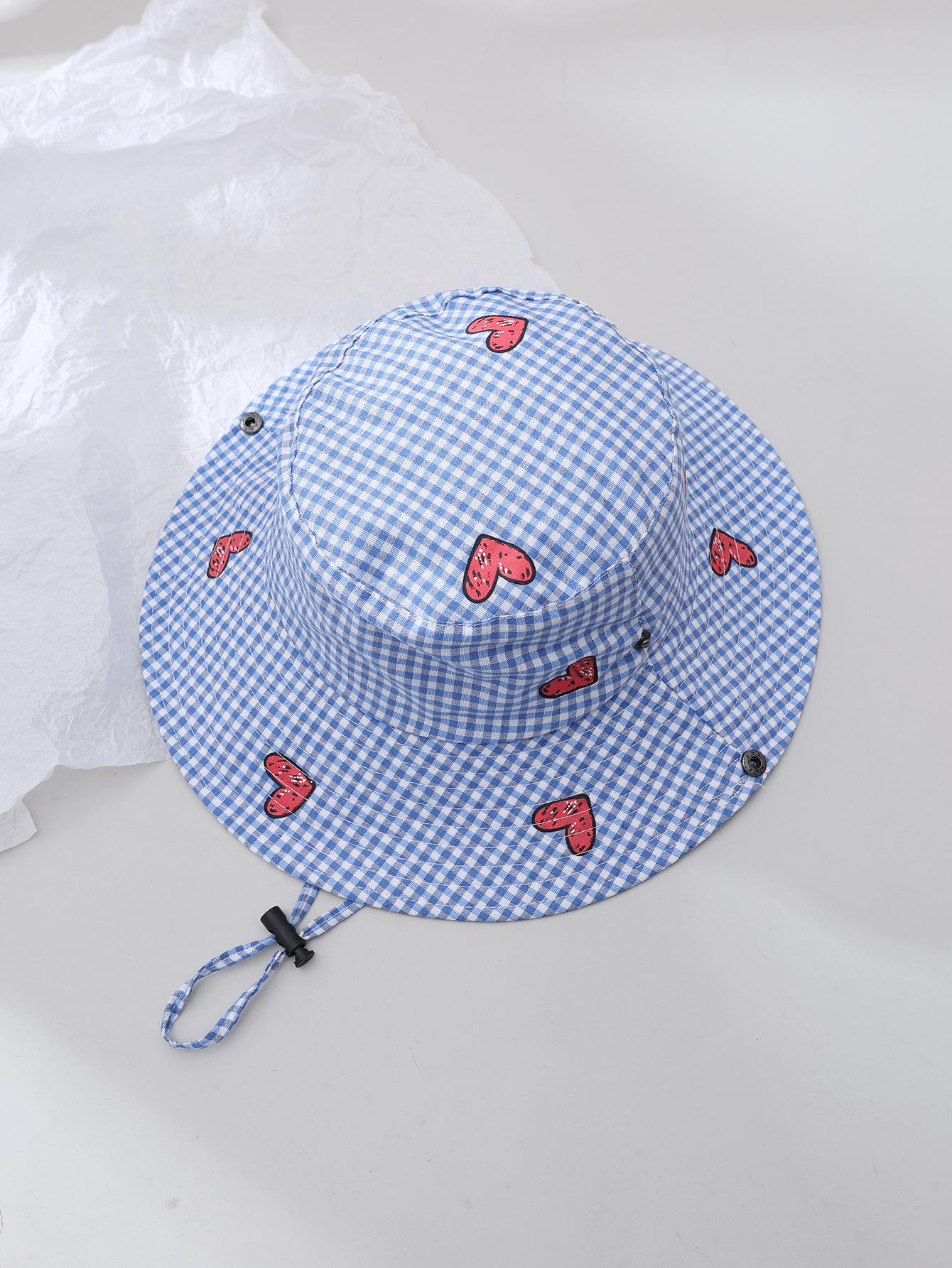 Summer Parent-Child Plaid Heart Wide Brim Sun Hat - Stylish Travel Vacation Fisherman Hat for Kids with Sun Protection Adult 58-60cm