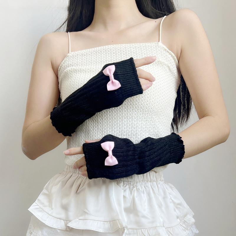 Sweet Cute Bow Knitted Arm Warm False Sleeves Cover Long Elastic Fingerless Gloves Hand Protector Lolita Cosplay Accessories