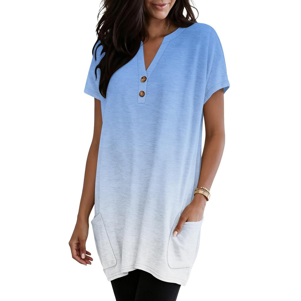 Women's V-Neck Gradient Print Short Sleeve Blouse with Pocket - Casual Pullover Top for Everyday Wear