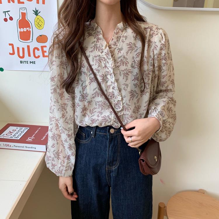 2025 Chic Korean Style Floral Chiffon Women's Long-Sleeve Puff Shirt