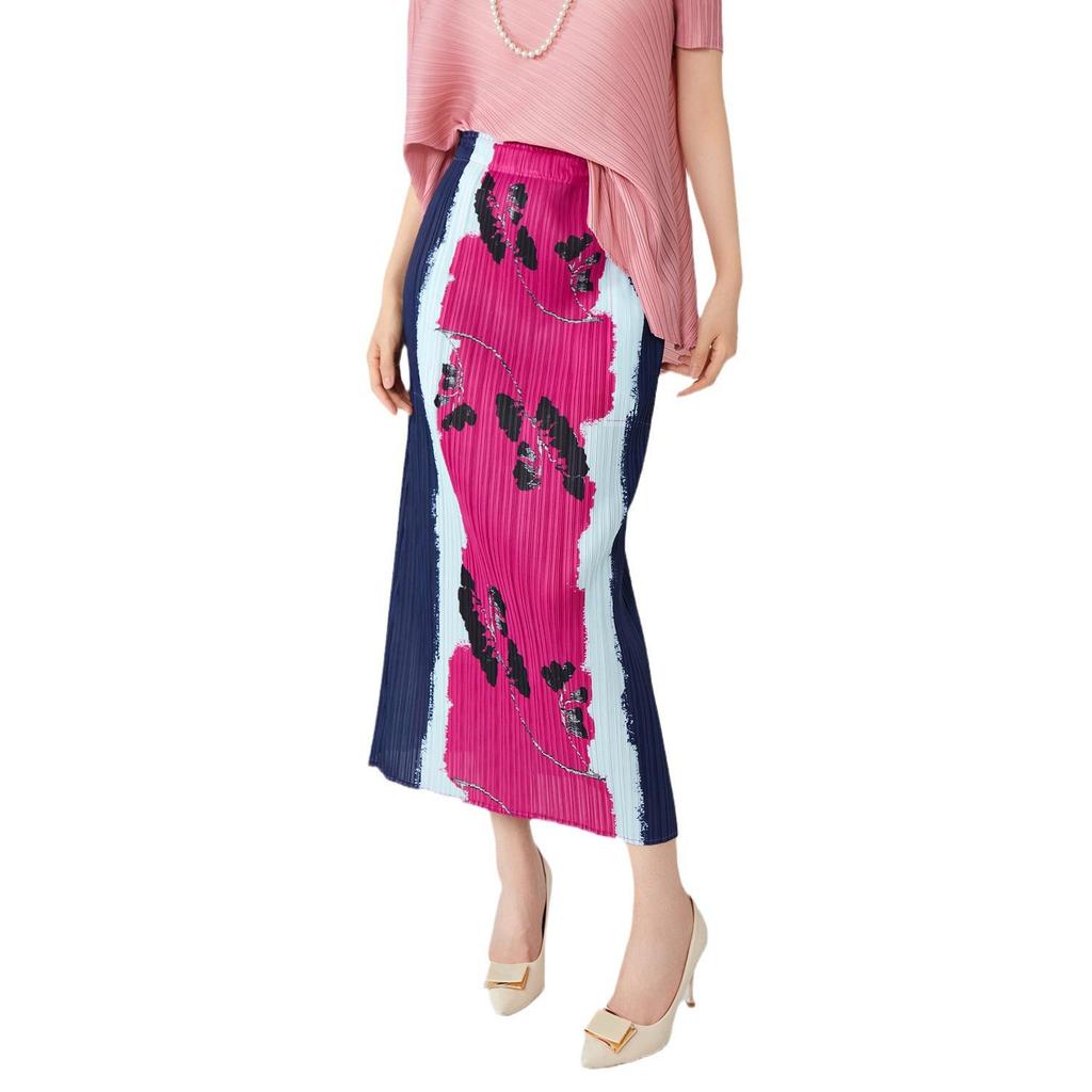 Pleated Print Midi Skirt 2024: High-End Temperament with Back Slit, Versatile Bodycon Design for Women