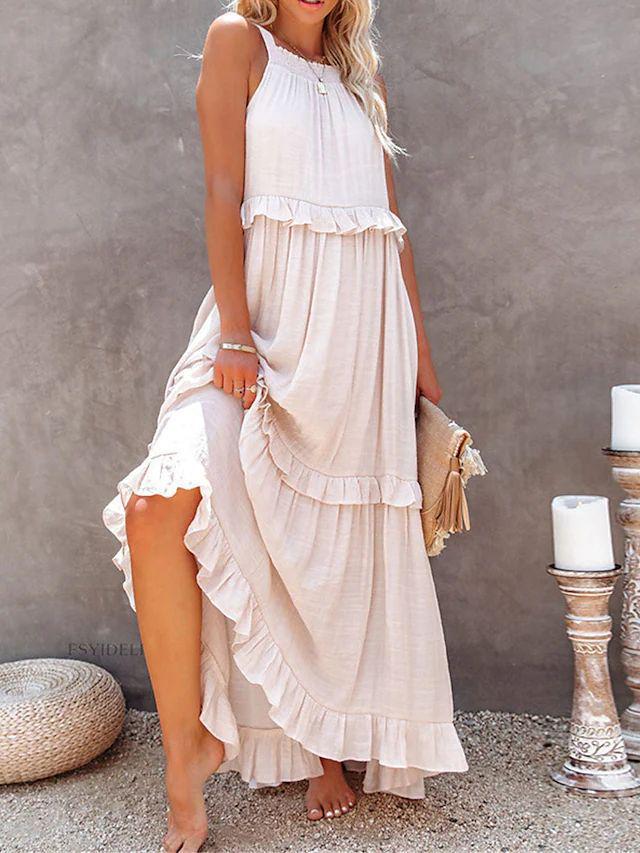 European and American 2025 Summer Ruffle Long Dress - Women's Flowing Holiday Beach Style