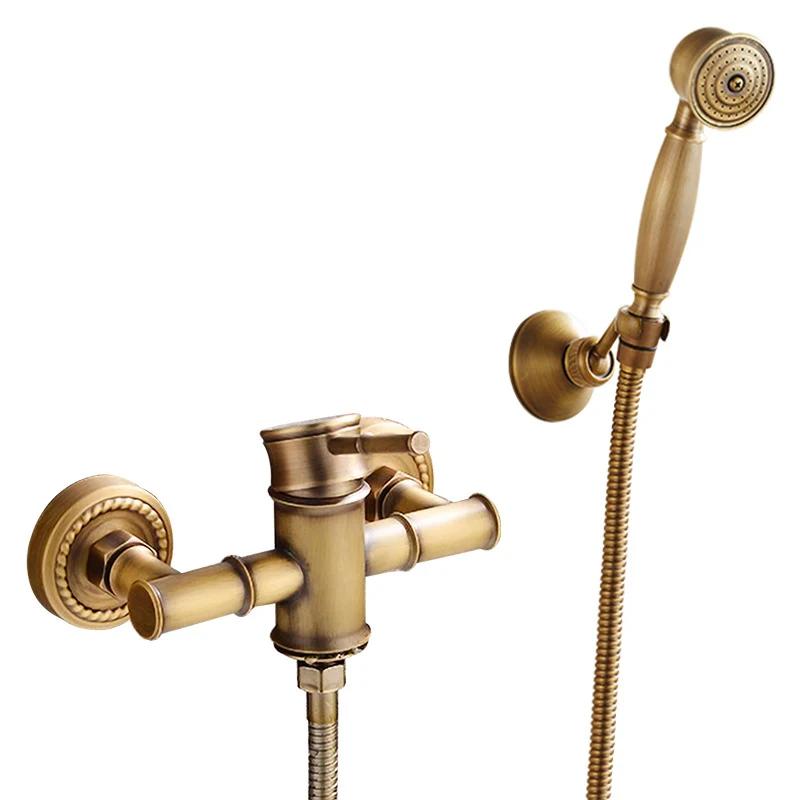 Antique Bathroom Shower Faucet Hot and Cold Bathtub Mixer Crane Tap Wall Mount Brass Material bamboo bath set