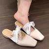 Fashion Bow Women Heeled Slippers Lace Square Toe Mules Shoes Sandals Designer 2025 Fad Elegant Flip Flops Summer Dress Sandalias Mujer