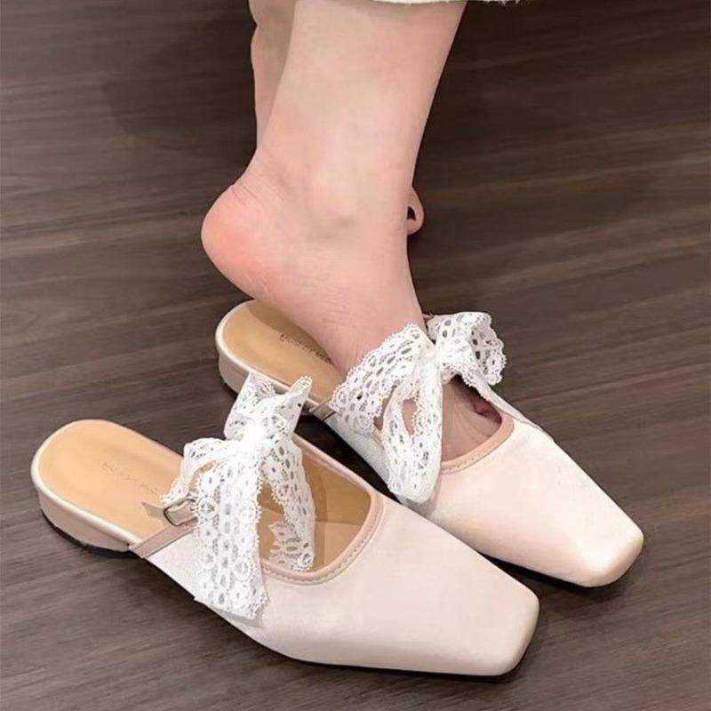 Fashion Bow Women Heeled Slippers Lace Square Toe Mules Shoes Sandals Designer 2025 Fad Elegant Flip Flops Summer Dress Sandalias Mujer