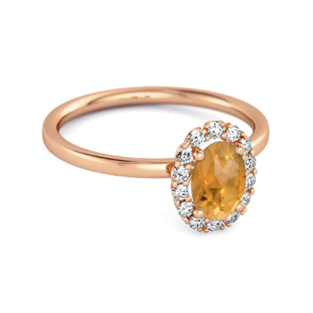 Citrine Solitaire Halo Accents Ring - 925 Sterling Silver Rose Gold Vermeil