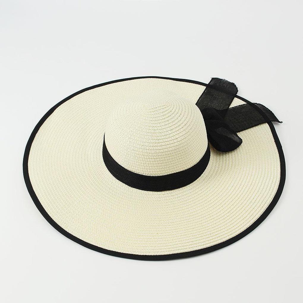 Ribbon Beach Hat Wide Brim Summer Hat Ivory