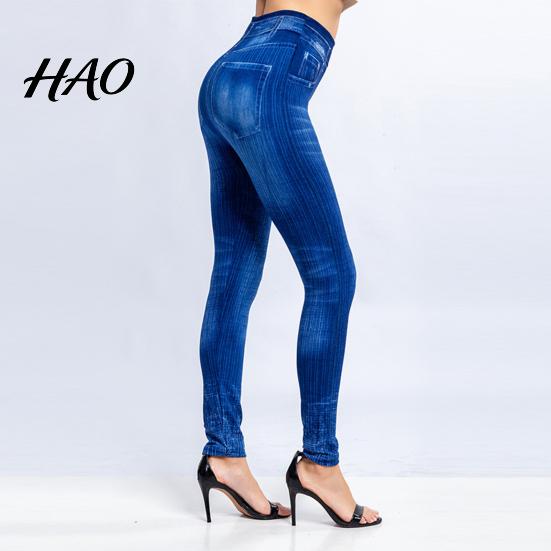 Fake Jeans Imitation Leggings Printed Super Elastic Women Faux Denim Pants High Waist Butt Lift Cropped Streetwear