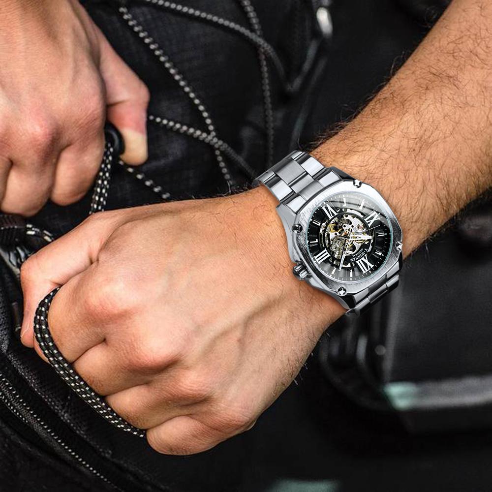Fashion Business Mechanical Watch for Men Luminous Hands Stainless Steel Strap Classic Automatic Mens Watches Top Brand WINNER