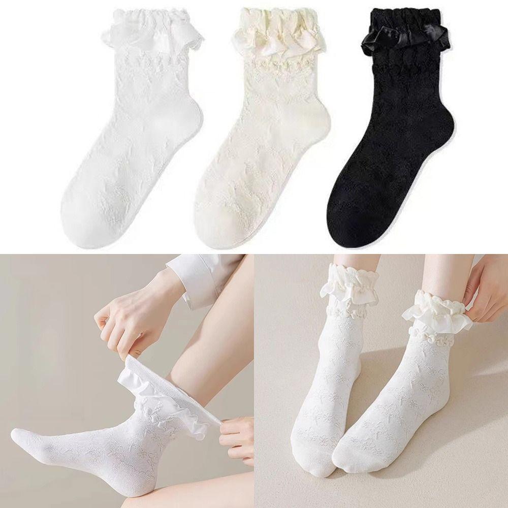 Breathable Lolita Stockings Black White JK Mid-calf Socks Lace-trimmed Stockings For Women Girls
