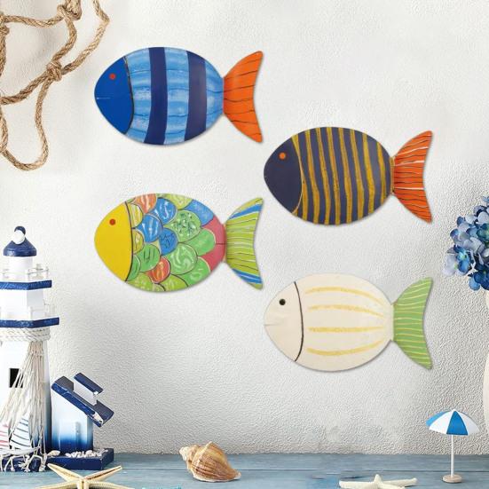 4 szt. Drewniane Ryby Morska Dekoracja Ścienna Rustykalna Chata Ryby Oceaniczne Sztuka Ścienna Vintage Plaża Nadmorski Motyw Ozdoby do Domku nad Jeziorem Łazienki Pokoju Dziecięcego