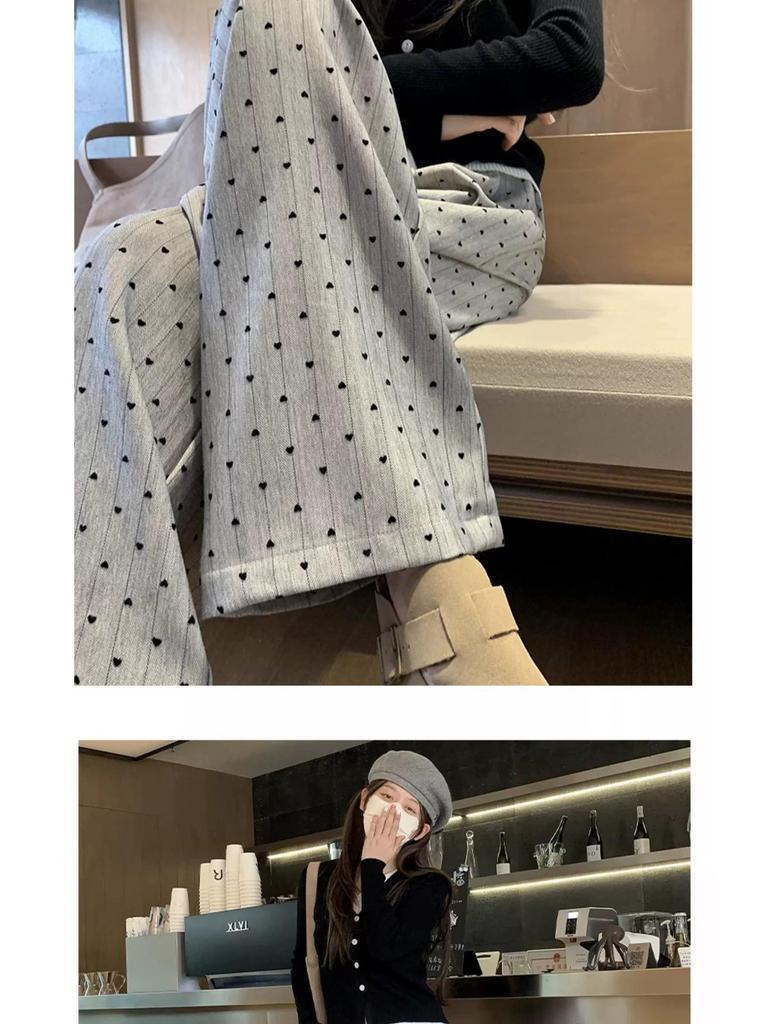 Dark Grey Heart Pattern Wide Leg High Waist Petite Women's Trousers - Spring/Summer Casual Straight Leg Floor Length Pants
