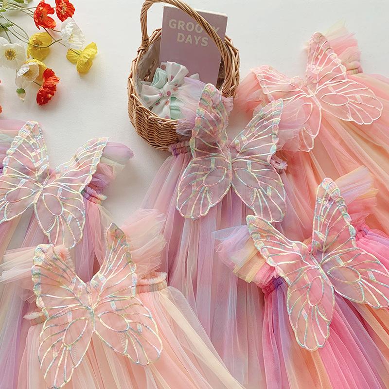 Meisjes Zomer Regenboog Tule Prinsessenjurk Met Pofmouwen En Volle Rok Voor Kinderfeestjes