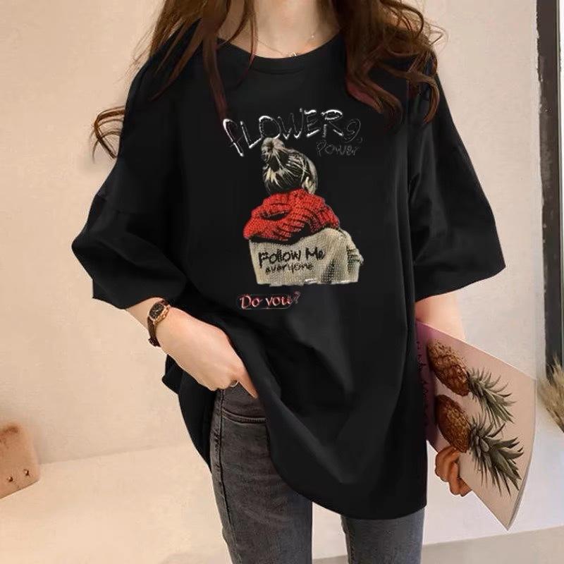 

Black short-sleeved t-shirt women s summer 2025 new large version loose ins pure cotton medium and long top S