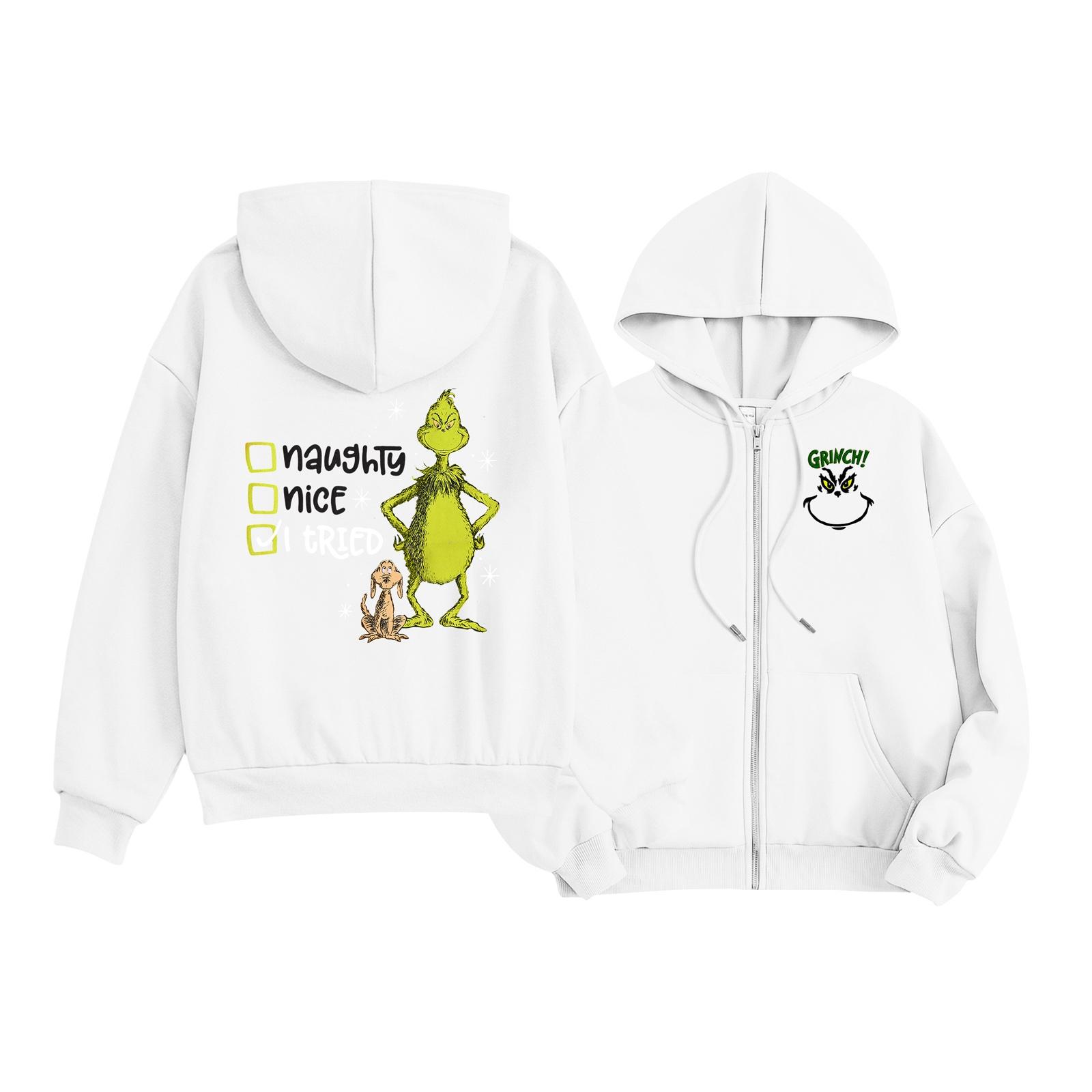 

Детская мода Легкая толстовка с капюшоном на молнии с длинным рукавом Рождественская толстовка с принтом с карманами 160 белый