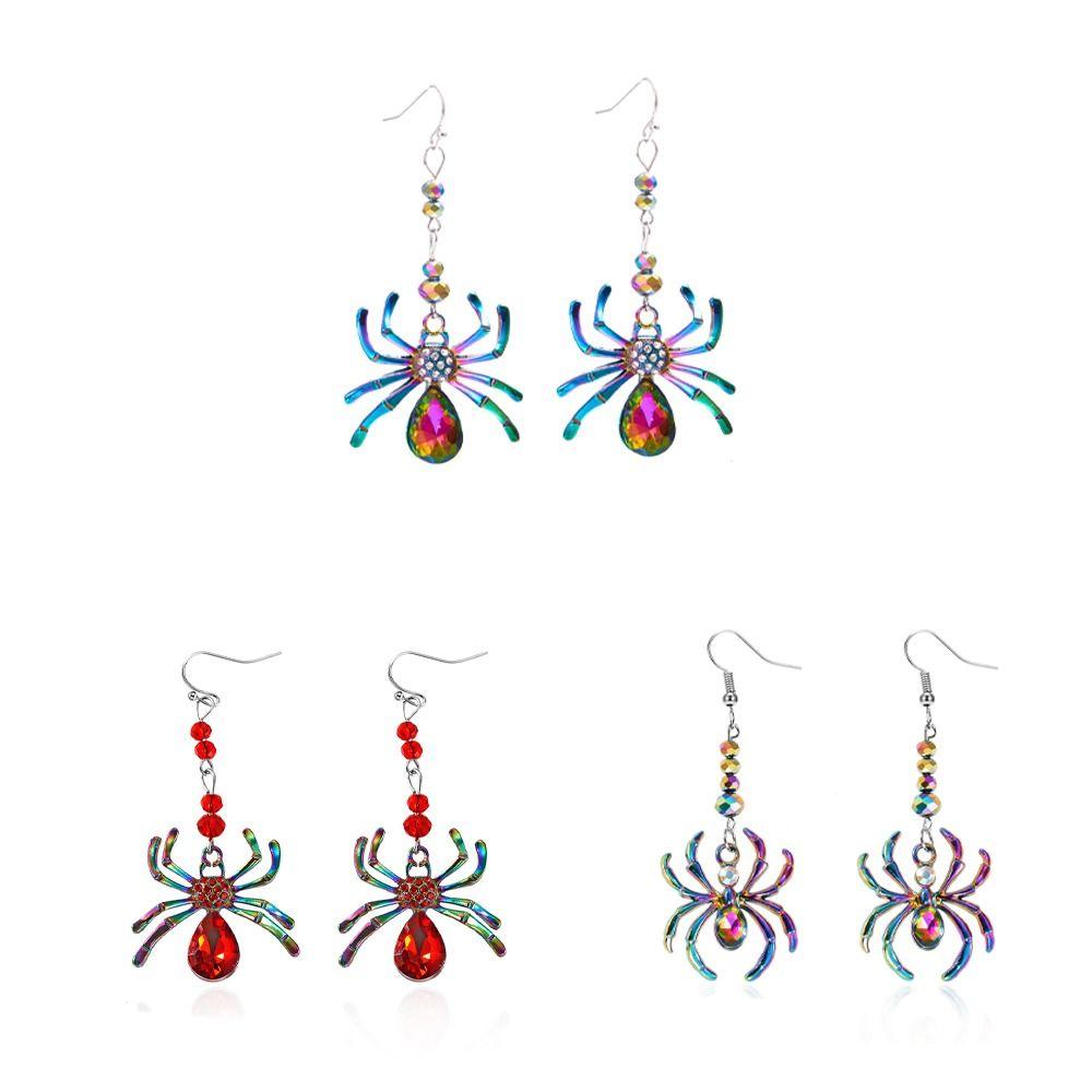 3pairs Zinc Zinc Alloy Rhinestone Drop Earring Colorful Spider Earrings Halloween Dangle Earrings  Girls Gift