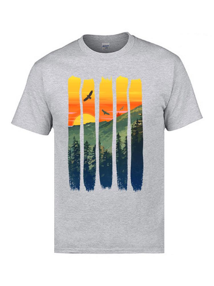 Mountain Sunset Print T-shirt Summer Fashion Casual Men's and Women's T-shirt Pure Cotton Casual O Collar Loose Short Sleeve
