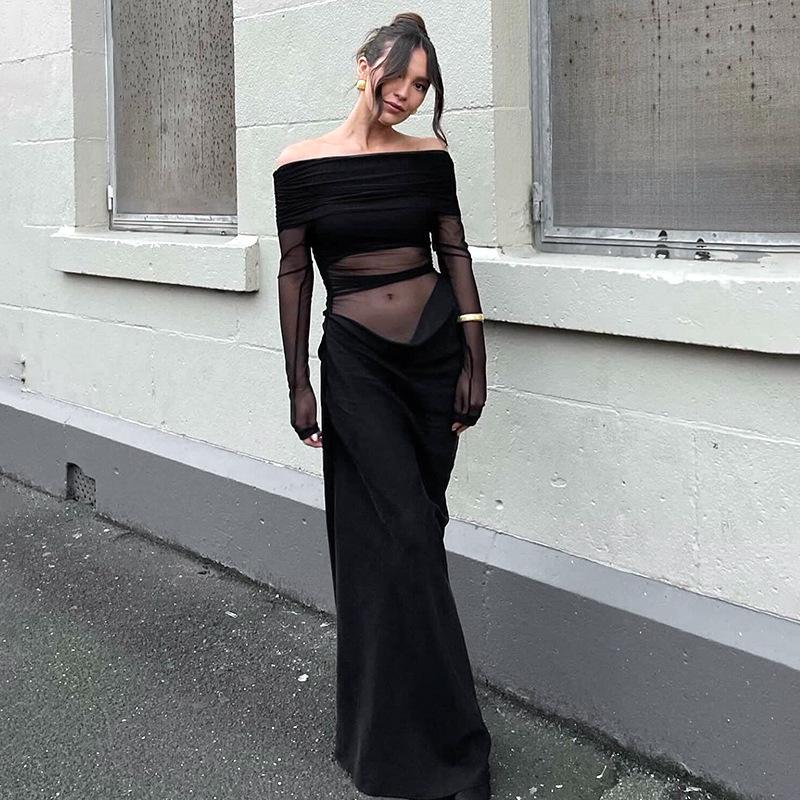 2025 Spring/Summer Women's One-Shoulder Mesh Patchwork Bodycon Dress