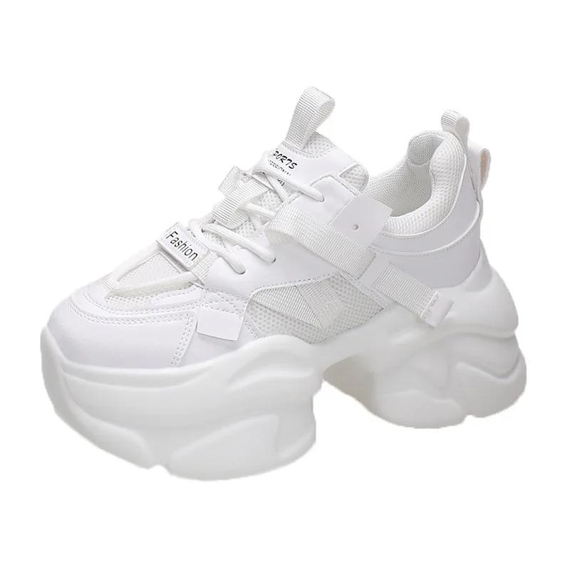 

Модные осенние толстые кроссовки на высоком каблуке 10 см для женщин 2024 года на платформе, спортивная обувь с дышащей сеткой, женская обувь на шнуровке с толстой подошвой для папы 39 белый