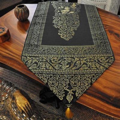Black Table Runner with Golden Pompoms 23x200cm - Made with Artificial Thai Silk