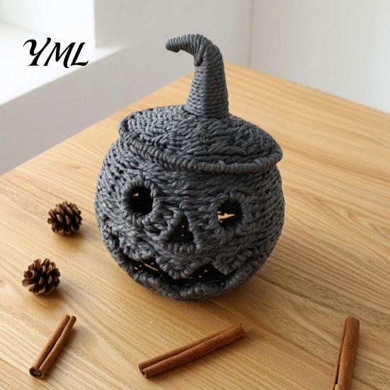 Decorative Storage Basket for Fall Handwoven Pumpkin Lantern, Vintage Rustic Halloween Decor, Hollow Smile Handmade Woven Face Jar with Lid, Farmhouse