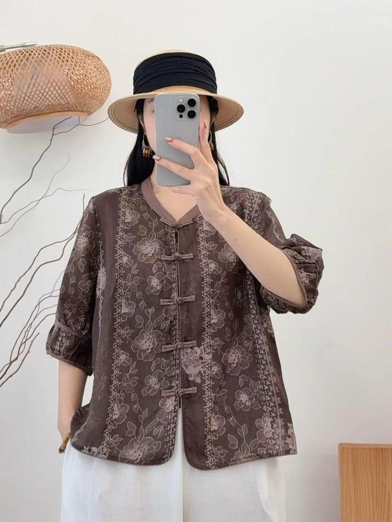 2026 Spring/Summer Women's Retro Ramie Printed Stand Collar 3/4 Sleeve Frog Button Cardigan Shirt