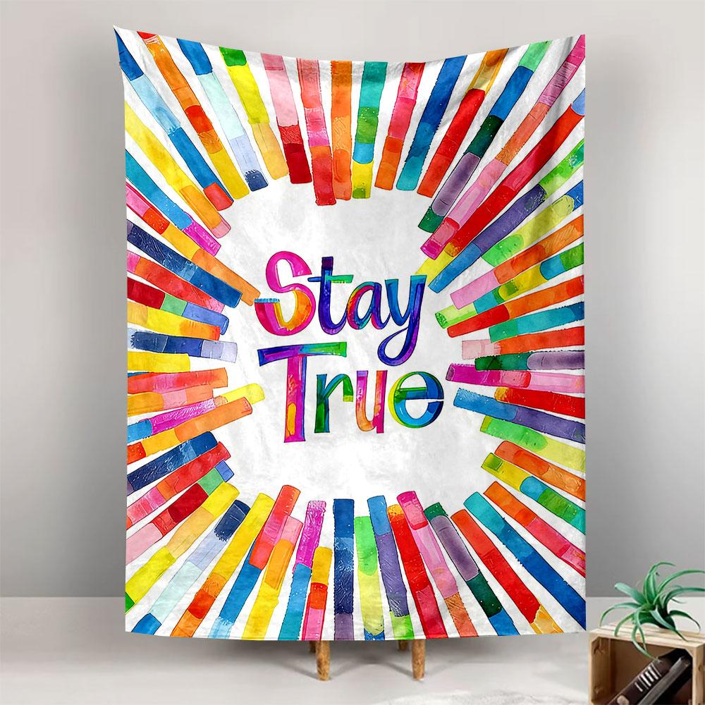 Wall Tapestry Stay True Rainbow Watercolor Radiating Bars Colorful Inspirational Quote Decor for Bedroom Dorm Girls Room Gift