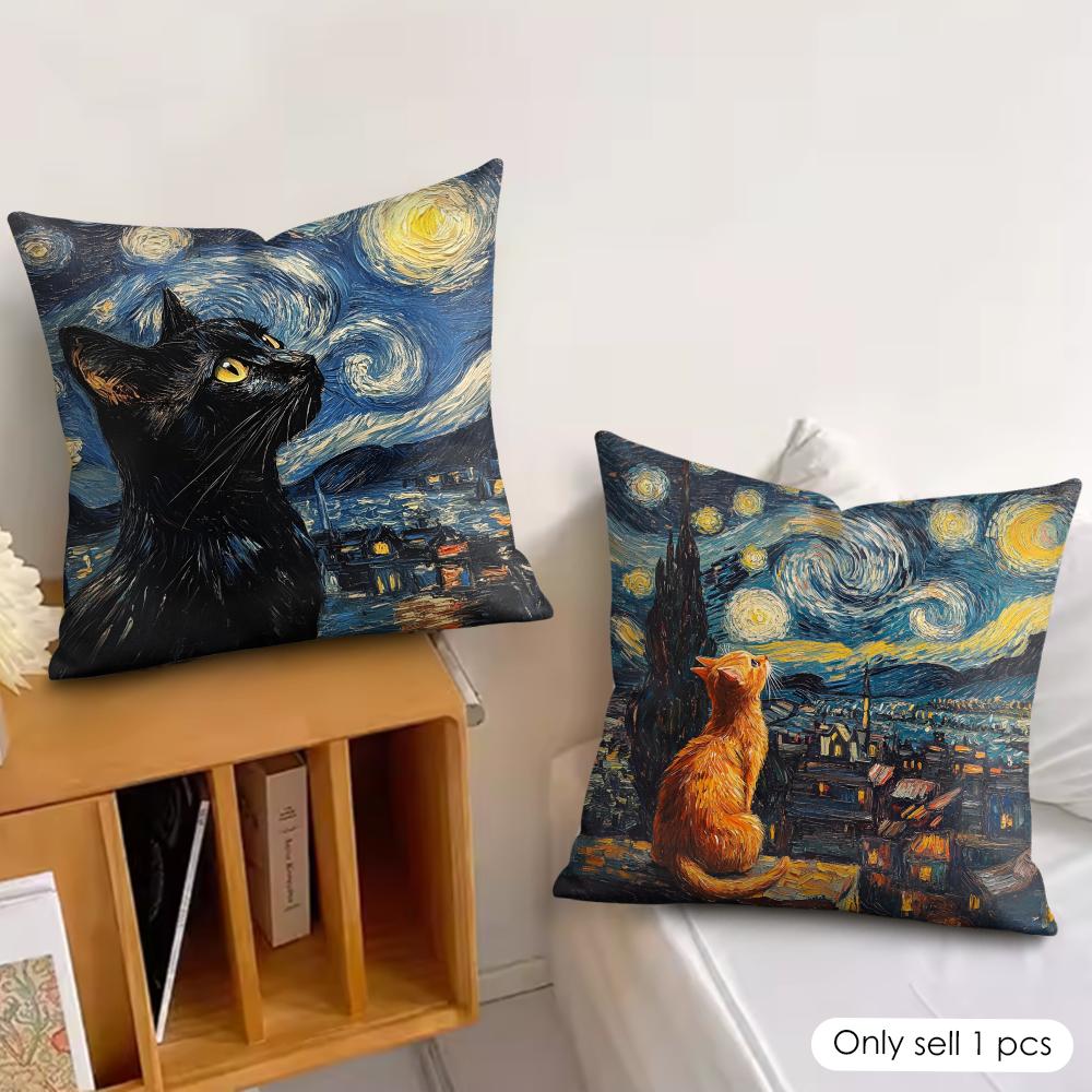 Van Gogh Starry Night Cat Cushion Cover Silky Short Plush Invisible Zipper Dustproof Sofa Pillow Case For Home Decor