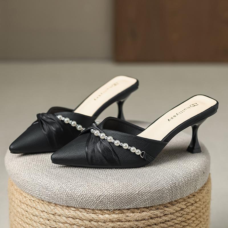 2025 New Super Fire Versatile Four Seasons Shoes Thin Heel Middle Heel Slippers Pointed Rhinestone Baotou Sandals 912-D86