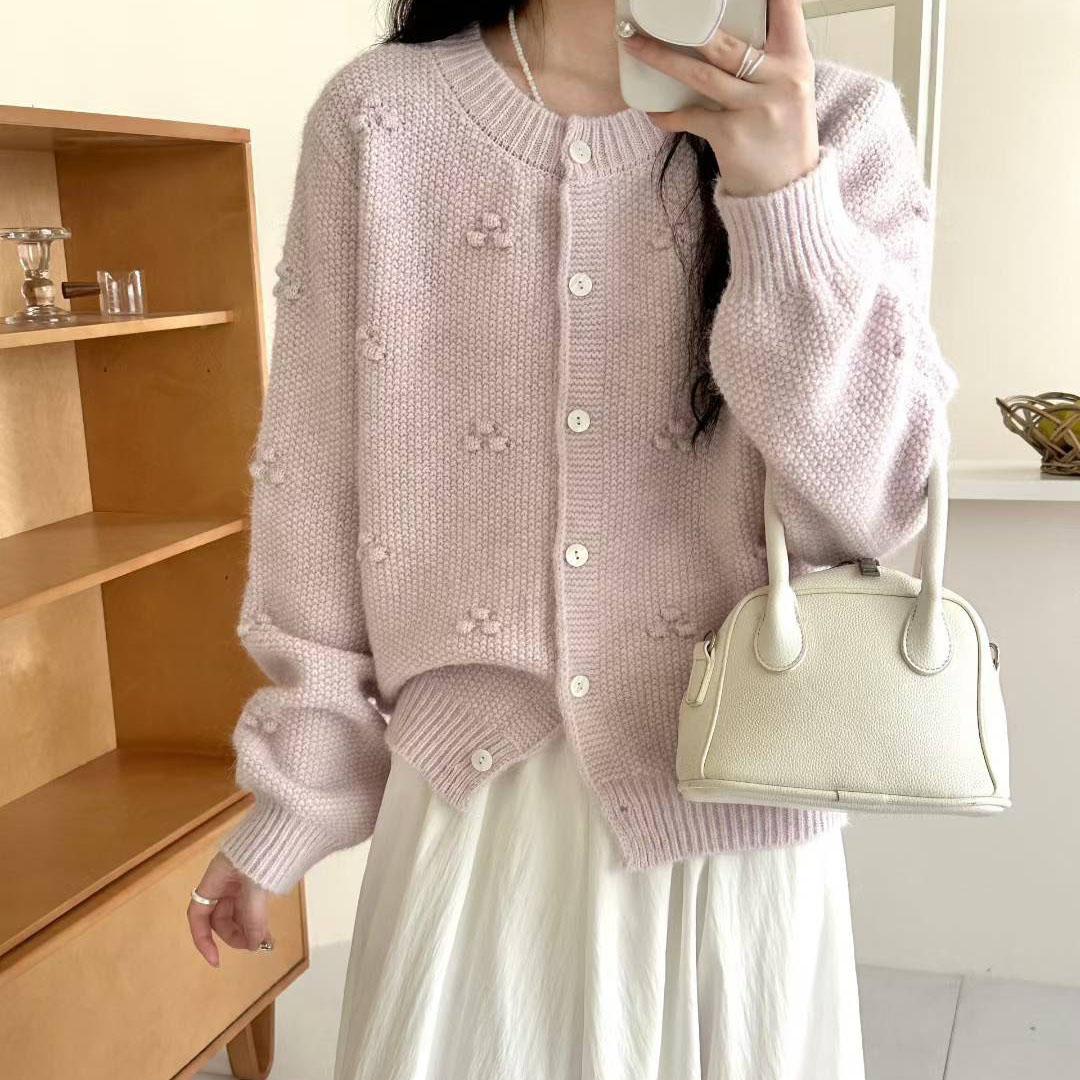 

Осень и Зима Новинка Японский Ретро Тяжелая Промышленность Трехмерный Цветок Вязаный Кардиган Женский Нежный Стиль Свободный и Стройнящий Свитер Куртка One size fits all розовый