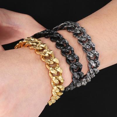 Vintage 13MM Width Curb Cuban Link Chain Bracelet For Men Male Jewelry Gifts Black Gold Color Solid Stainless Steel Men's Bracelets