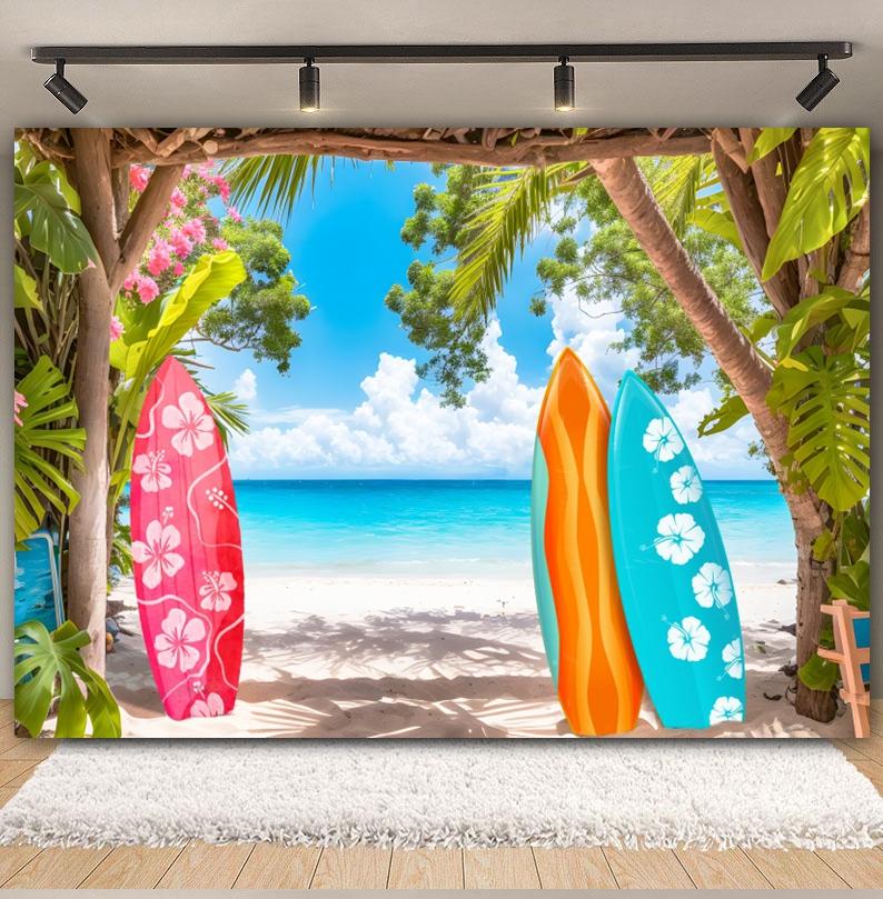 Hawaiian Summer Seaside Backdrop for Photography Tropical Beach Palm Tree Surfboard Baby Birthday Holiday Party Photo Background