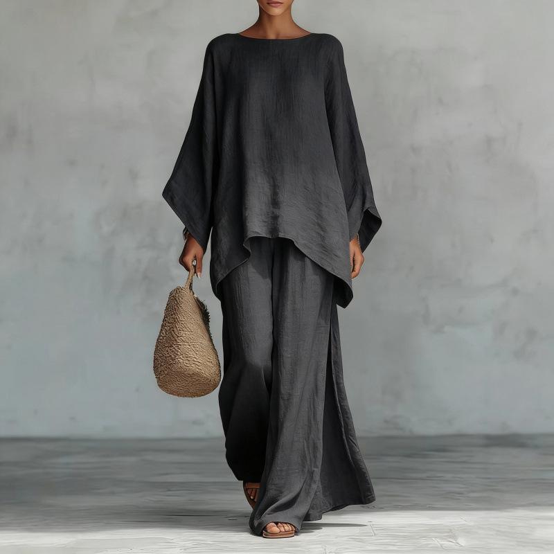 New 1116 European and American new women's elegant simple loose solid color shirt wide-leg pants set