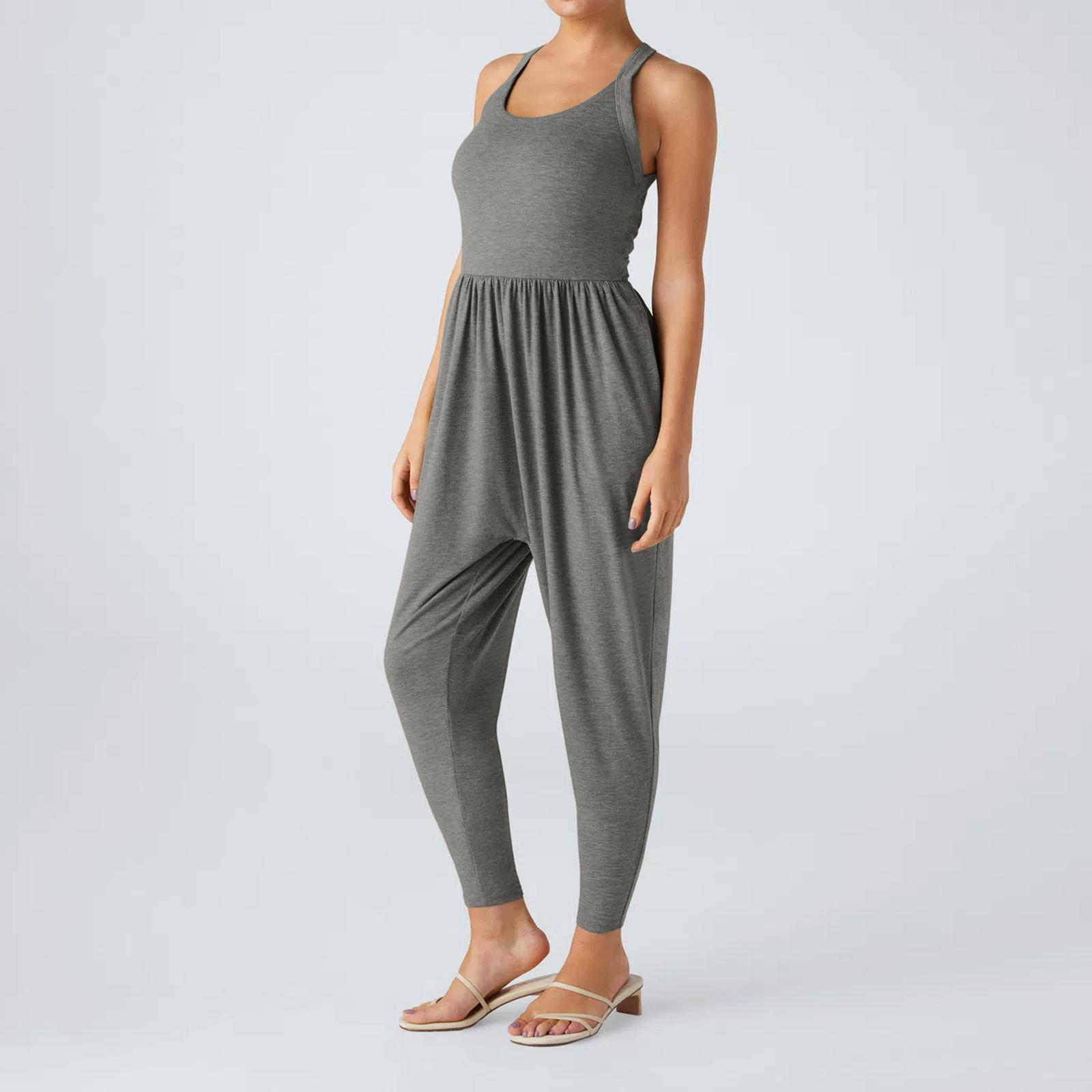 

Sleeveless Loose Fit Jumpsuit for Women with Scoop Neck and Soft Stretch Fabric Casual Harem Style Romper with Pockets S