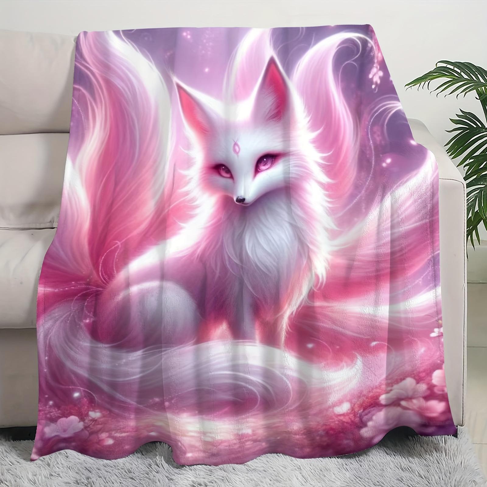 Pink Nine-Tailed Fox Printed Flannel Shawl - Soft Skin-Friendly Leisure Sofa Blanket, Throw Blanket, Multi-Purpose 75X95CM