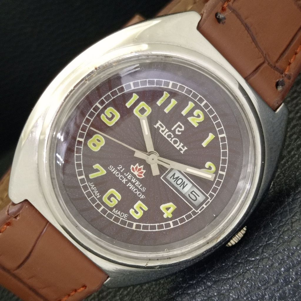 JAPAN VINTAGE RICOH R31 AUTOMATIC MENS BROWN COLOR DIAL WATCH A701924-5 R207-a701924