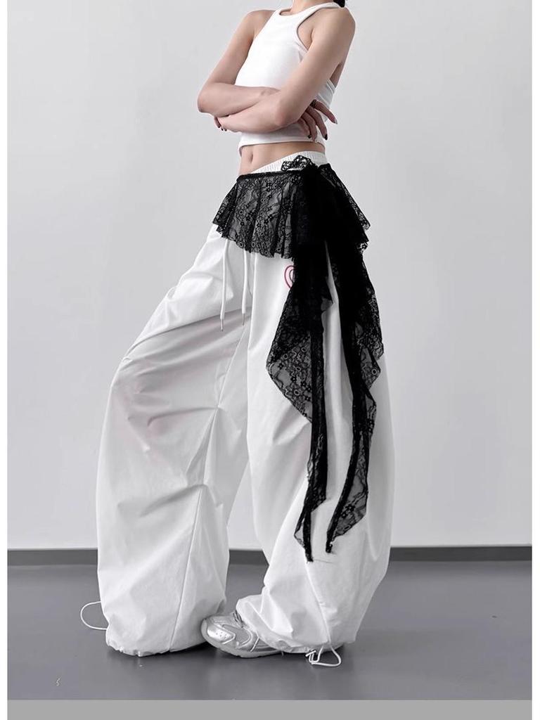 High-Waist Lace Splicing Wide-Leg Street Dance Pants for Women - Spring/Summer Casual Sportswear