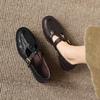 Krazing Pot Sheepskin Round Toe Thick Med Heels Spring Shoes Slip on Big Size 42 Loafers Women Metal Buckle Pleated Pumps