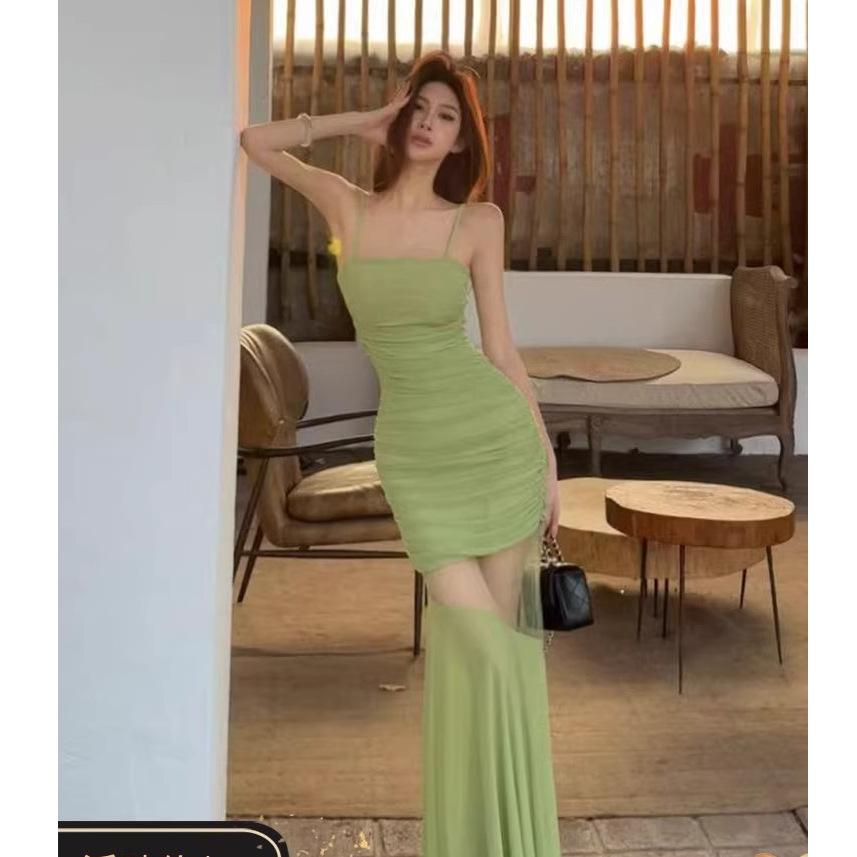 Sexy Pure Desire Mesh Patchwork Spaghetti Strap Dress for Women, 2026 Summer New Waist-cinching Slimming Elegant Mermaid Long Dress