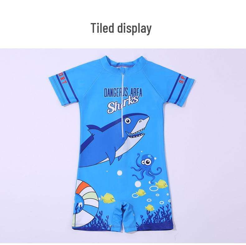New Boys' One-Piece Cartoon Swimsuit: Cute, Quick-Drying Sun Protection for Toddlers to Big Kids