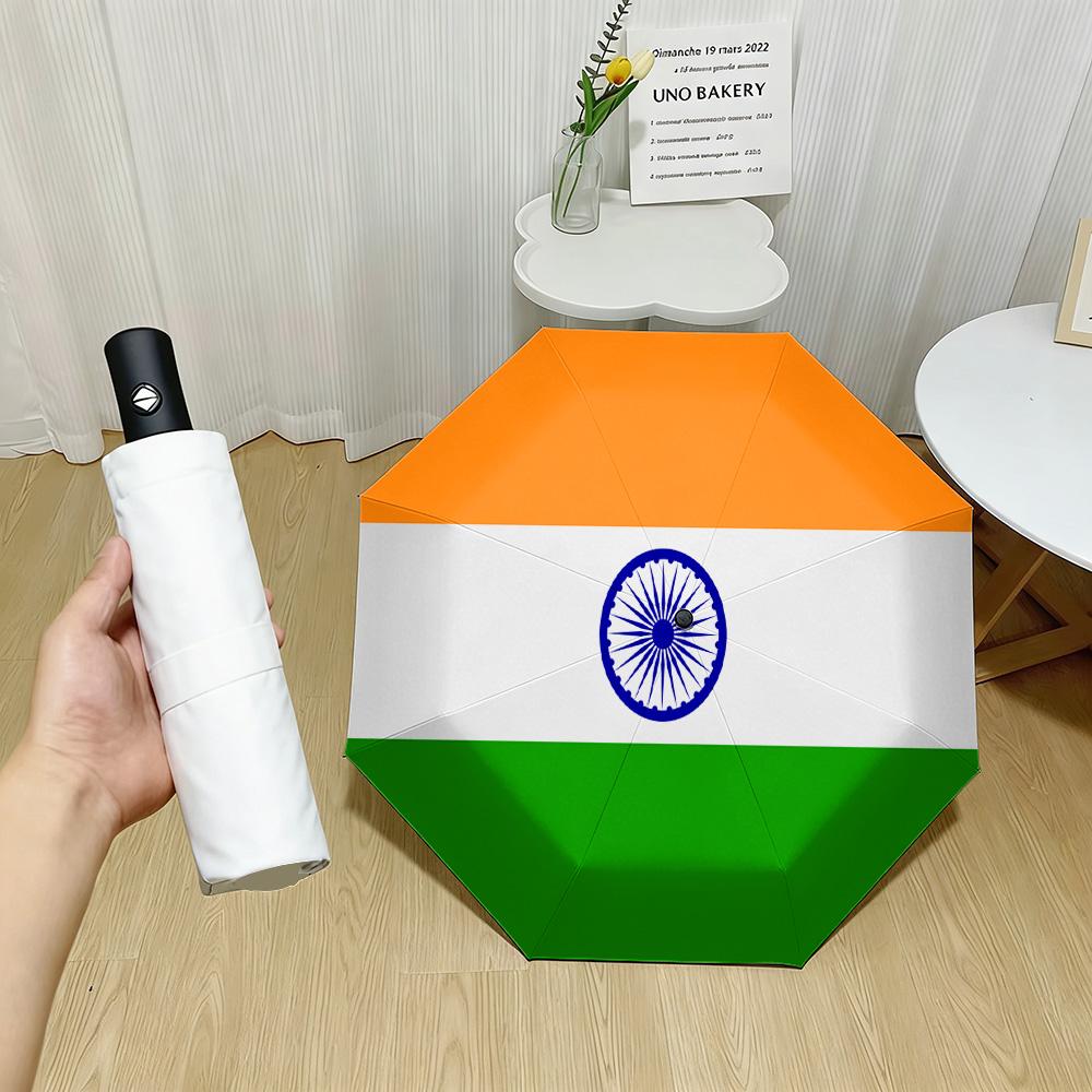 

India National Flag Orange White Green Stripes Ashoka Chakra Print Auto Folding Umbrella Waterproof Windproof Compact Travel Umb
