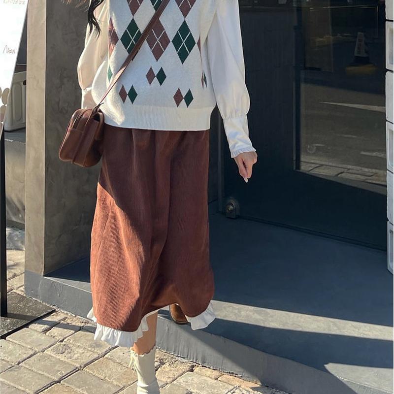 Falda Midi japonesa de pana Vintage para mujer, diseño de telas combinadas con volantes, faldas con abertura, suaves, para Otoño e Invierno