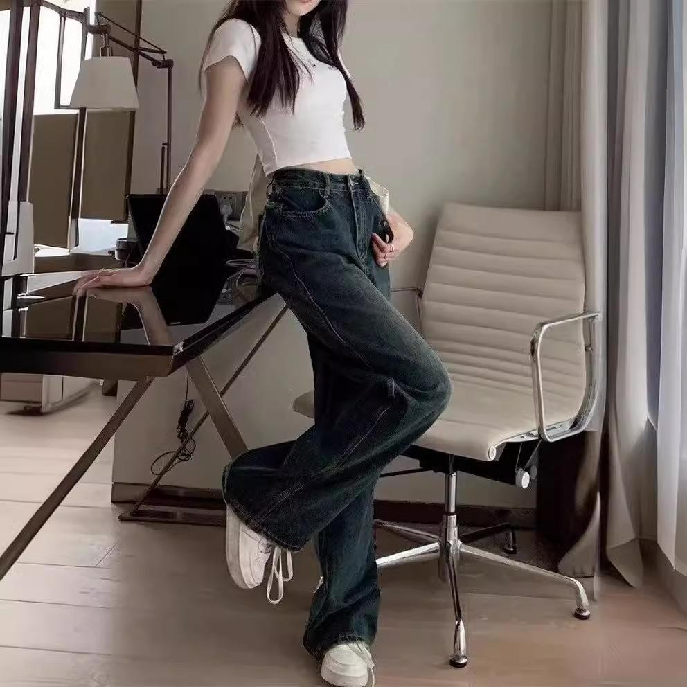 Women's High-Waist Distressed Ripped Jeans - Retro Washed, Loose Wide-Leg Style for Spring/Summer