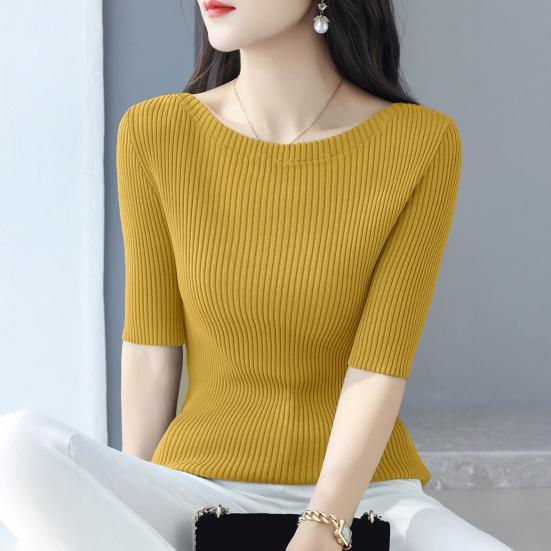 Dámské topy Slim Fit Jednobarevné Žebrované Tričko Kulatý Výstřih Poloviční Rukáv Elastický Pulovr Topy Pro Každodenní Nošení