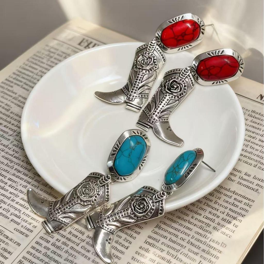 Western Cowboy Retro Turquoise Alloy Earrings - European & American Style