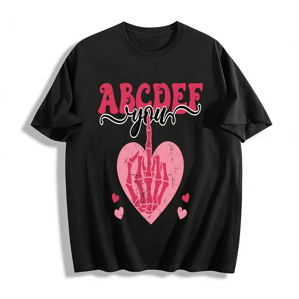 ABCDEF You Skeleton Middle Finger Heart Graphic Couple T-Shirt Pure cotton T-shirt XXS