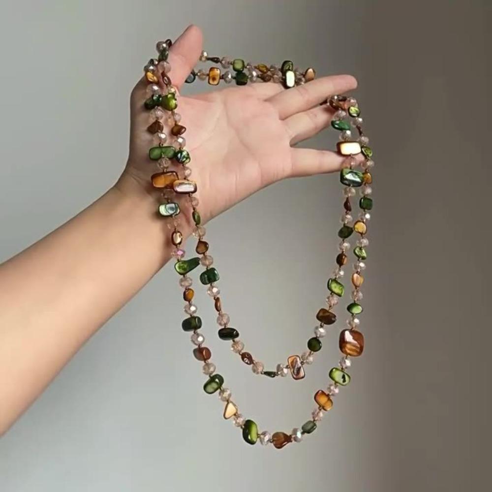 Böhmischer Stil Unregelmäßige Natürliche Muschel Kristall Perlen Lange Doppellagige Faltbare Halskette für Damen Persönlichkeit Mode Schmuck