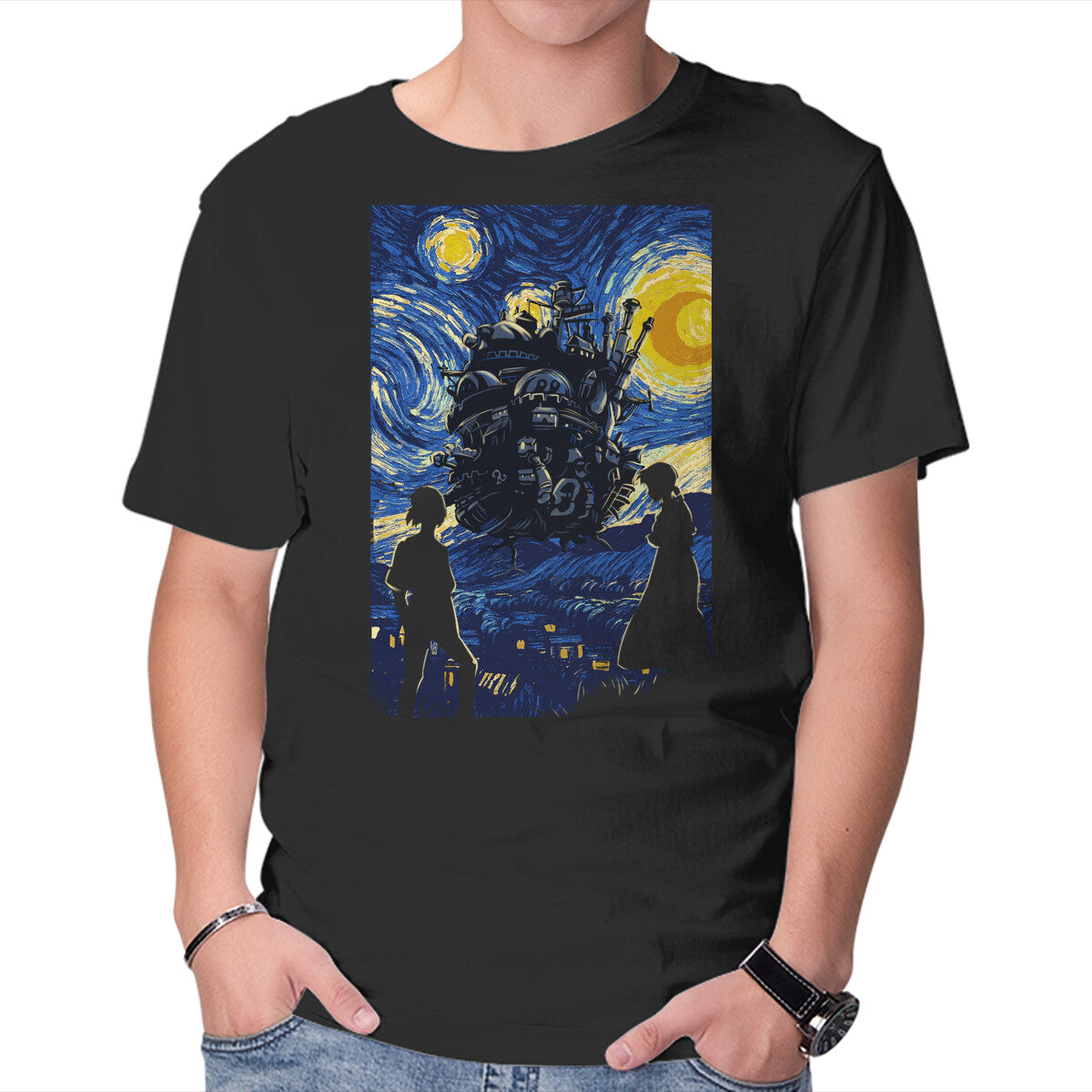 Unisex Crew Neck T-Shirt Starrynight Castle Graphic Short Sleeve Casual Tee L